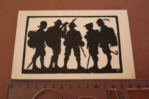 tolle alte  Künstlerkarte - Silhouttenkarte - Gruppe Wandersmänner - 1910-20