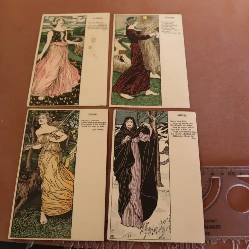 vier tolle alte Künstlerkarten - vier Jahreszeiten - signiert RE ?? 1910-20 ?
