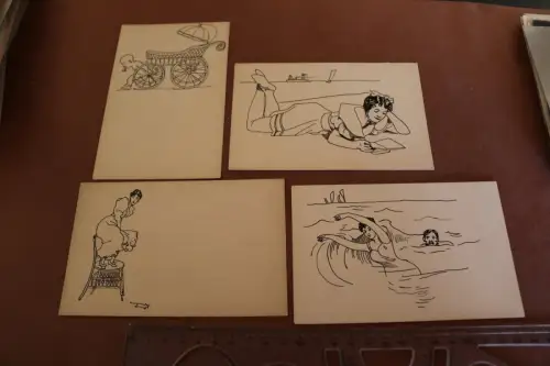 vier tolle alte Künstlerkarten - Handzeichnungen unsigniert - Jedermann-Postkart