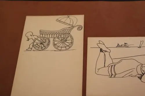 vier tolle alte Künstlerkarten - Handzeichnungen unsigniert - Jedermann-Postkart