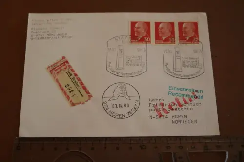 toller alter Umschlag Einschreiben Staaken - Hopen  Norwegen Stempel 1989