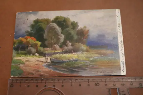 tolle alte Künstlerkarte  See Haff ?? mit Wald - abgestempelt in Danzig 1914