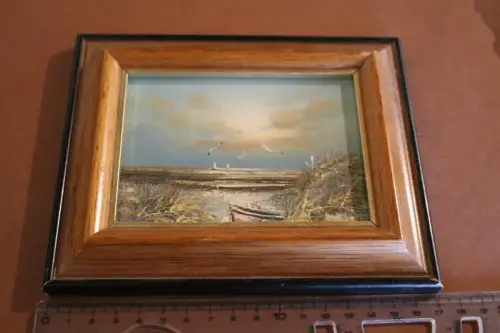 toller alter Bilderrahmen mit kleinem Ölgemälde Strand, Dünen Boot 