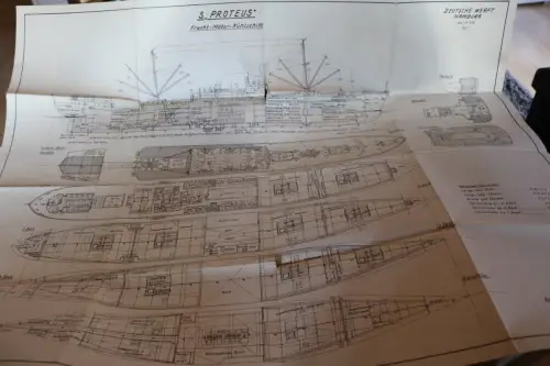 toller alter Schiffsgrundriss S. Proteus Fracht Motor Kühlschiff 1951