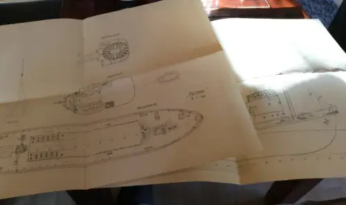 zwei tolle alte Schiffsgrundriss Handzeichnungen -Hochseeschlepper ?  Hermes    