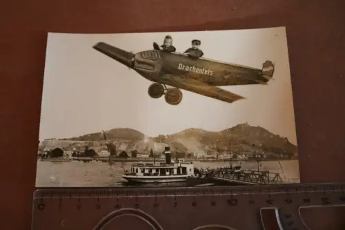 tolle alte Fotomontage , Leinwand Kinder im Flugzeug Drachenfels 20er Jahre 