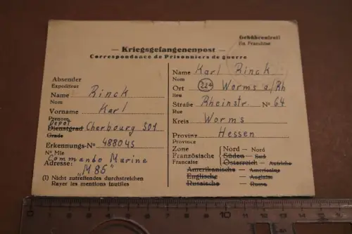 alte Kriegsgefangenenkarte aus Cherbourg 1947  - Matrose von M85
