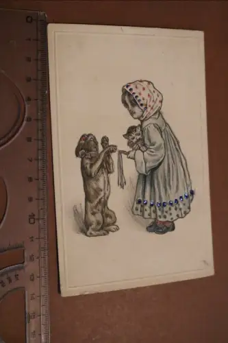 tolle alte Künstlerkarte - Handzeichnung Mädchen mit Peitsche, Katze und Hund