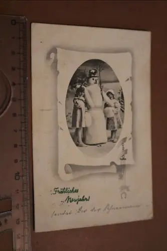 tolle alte Karte - Neujahr - zwei Mädchen mit Schneemann 1911