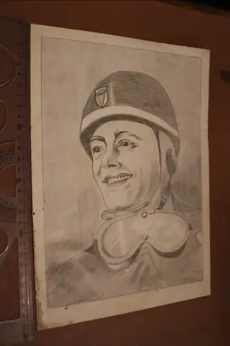 tolle alte Handzeichnung DKW Rennfahrer ?? - 1953 signiert M. Gilberg 