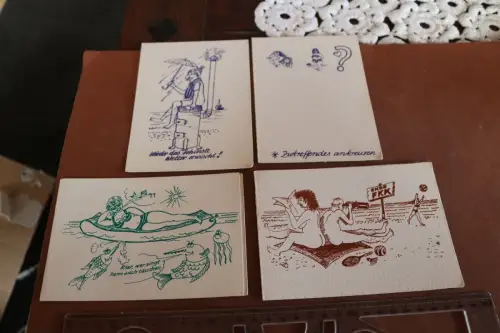 vier Grußkarten - FKK,  Strand Meer - Karikaturen 