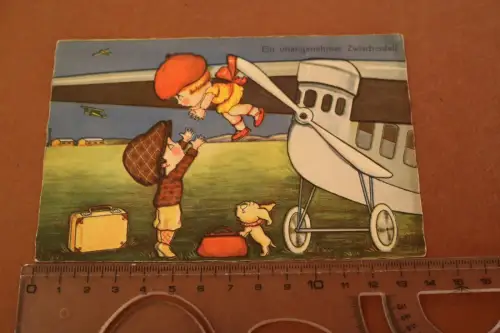tolle alte  Künstlerkarte - Ein unangenehmer Zwischenfall - Flugzeug 