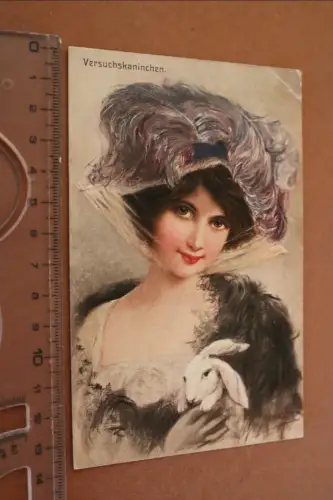 tolle alte  Künstlerkarte Portrait hübsche Frau mit Kannichen Versuchskannichen