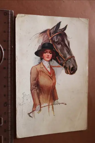 tolle alte Künstlerkarte - Portrait Frau mit Pferd -  Pferdekopf - 1916 Feldpost