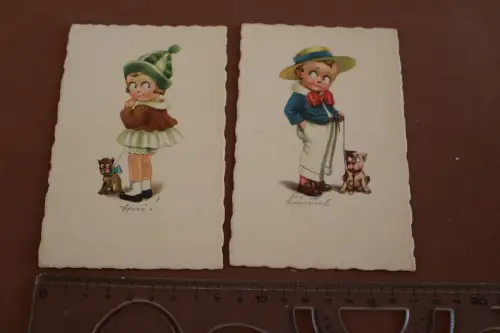 zwei tolle alte Künstlerkarten - Mädchen und Junge mit Hund 