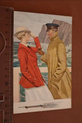 tolle alte Künstlerkarte - Mann und Frau bei stürmischen Wetter 