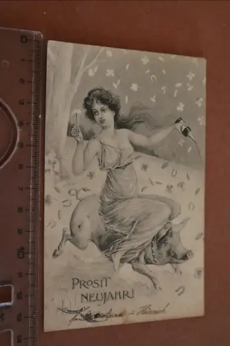 tolle alte Künstlerkarte Prosit Neujahr - Frau auf einem Schwein 1903