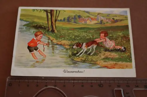 tolle alte Künstlerkarte Kinder mit Hund - Wasserscheu 20-30er Jahre 