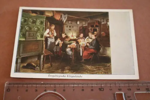 tolle alte Künstlerkarte Erzgebirgische Klöppelstube (1)