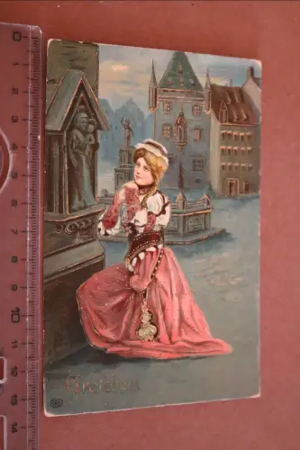 tolle alte Künstlerkarte goldschimmer - Frau am Beten - Gretchen 