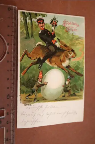 tolle alte Künstlerkarte - Soldat reitet auf Hasen - Fröhliche Ostern 1910-1918