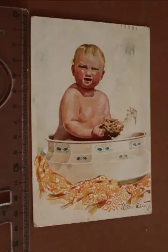 tolle alte Künstlerkarte  Hans Leu -  Wasserscheu - Kind in Wanne 1926