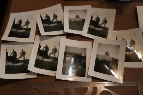 neun alte Fotos - Gruppe Soldaten begutachten  Bunker  Geschütze