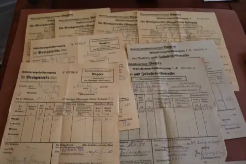 zehn alte Ablieferungsbescheinungen für Getreide - Bayern 30-40er Jahre 