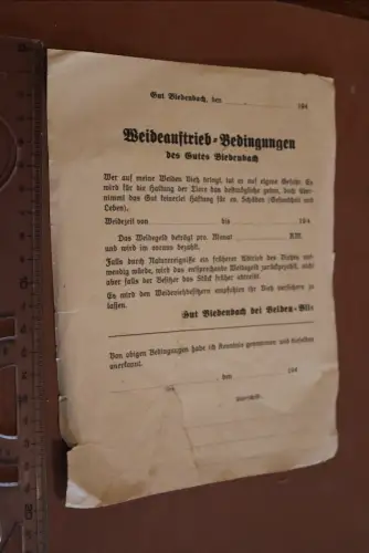altes Blatt - Weideauftrieb-Bedingungen des Gutes Biedenbach - 40er Jahre 