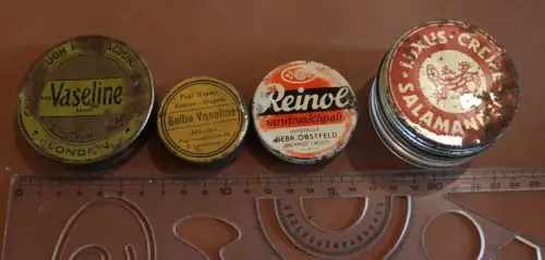 vier alte Runddosen, Glas,  Brand Vaseline, gelbe Vaseline, Reinol , Salamander