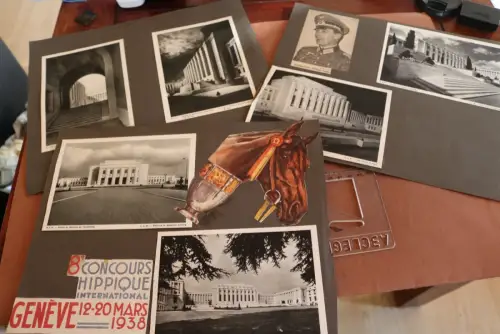 drei alte Albumseiten Karten Genf Völkerbundpalast u Ausschnitte Reittunier1938 