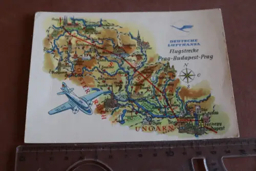 tolle alte Karte - Deutsche Lufhansa - Flugstrecke Prag-Budapest-Prag  60-70er J