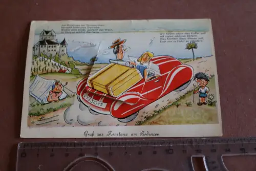 tolle alte Rucksackkarte - Karikatur Oldtimer - Gruß aus Konstanz 50er Jahre 
