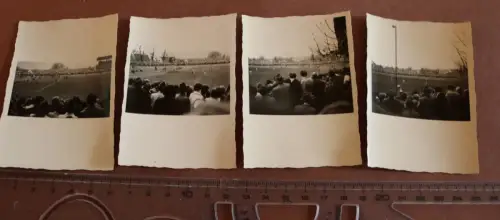 vier tolle alte Fotos + drei Negative - Fussballspiel , Zuschauer , Tribüne, Ort