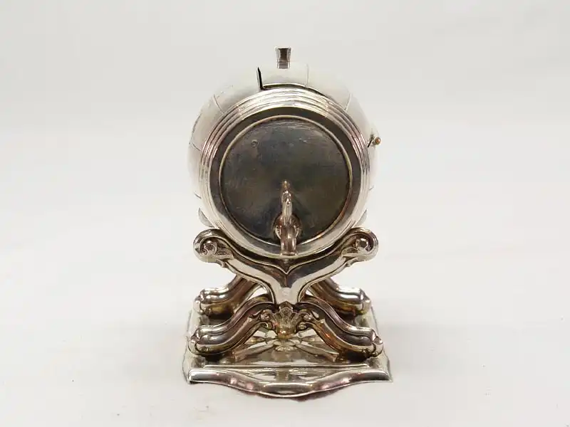 Kleines Fass, Mitte 19. Jh., Silber, undeutliche Silbermarken, Fass auf Ständer mit Deckel zum Öffnen 1