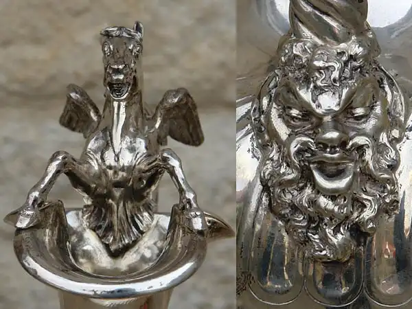 Henkelkanne, Österreich, um 1890, Silber, gemarkt Diana Kopfpunze, 3 für 800er Silber, auf Fuß V. Mayer Söhne Wien, Rundform auf gewölbten Fuß, bauchiger Körper mit eingezogener Schulter und Zylinderhals, breiter Ausguss, geschwungener Henkel,... 9