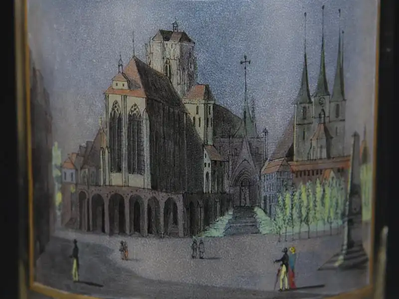 Glas, vermutlich S. Mohn Schule, um 1810, zylindrische Form, Darstellung des Doms zu Erfurt mit figurenstaffage, ausgesprochen feine, detailgetreue Glasmalerei, beschriftet: \