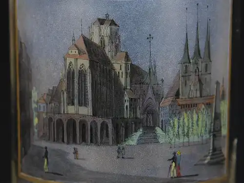 Glas, vermutlich S. Mohn Schule, um 1810, zylindrische Form, Darstellung des Doms zu Erfurt mit figurenstaffage, ausgesprochen feine, detailgetreue Glasmalerei, beschriftet: \"Der Dom zu Erfurt\". H: 11 cm