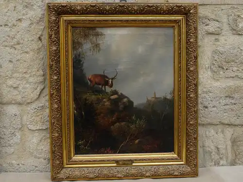 Gemälde, 2. Hälfte 19. Jh., unsigniert, Öl auf Leinwand, Darstellung eines Hirsches in einer Mittelgebirgslandschaft, im Hintergrund Darstellung der Burg Falkenstein im Harz, Bild beschnitten. B: 57 cm, H: 67 cm