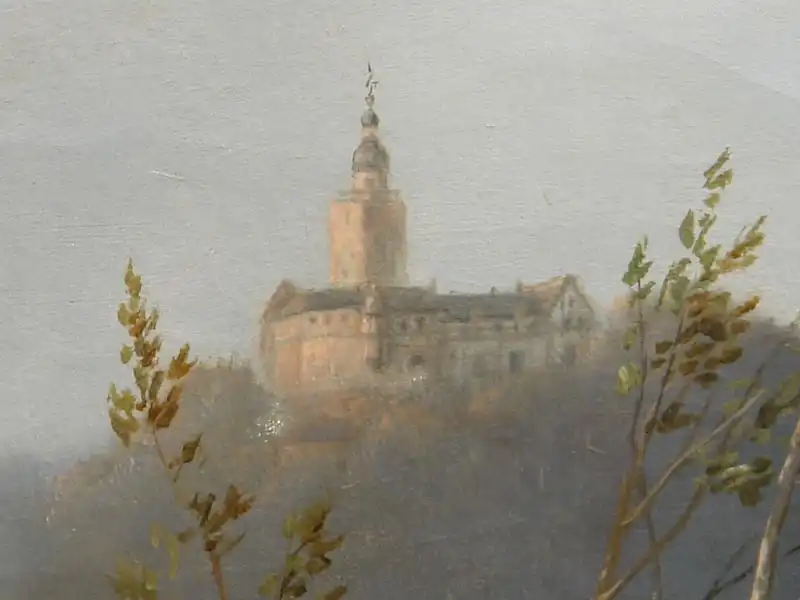 Gemälde, 2. Hälfte 19. Jh., unsigniert, Öl auf Leinwand, Darstellung eines Hirsches in einer Mittelgebirgslandschaft, im Hintergrund Darstellung der Burg Falkenstein im Harz, Bild beschnitten. B: 57 cm, H: 67 cm 2