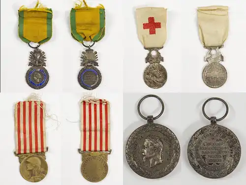 Nachlass von 4 Auszeichnungen, Frankreich, bestehend aus: 1. Militärmedaille, Silber, 2. Rot-Kreuz-Medaille 1864-66, versilbert, ohne Namen, 3. Mexikomedaille, 1862-63, Silber, 4. Teilnahmemedaille, 1. WK, Bronze, Tragespuren, guter Zustand. Lot of...