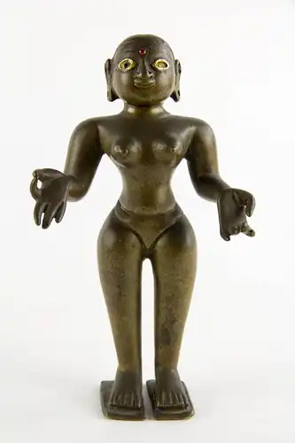 2 Radha, Indien, wohl Bengalen, 19. Jh., Bronze, eine Figur mit Gold eingelegten Augen und kleinem Rubin auf der Stirn