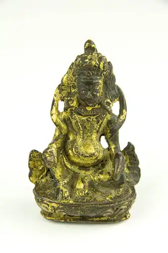 Kleine Figur, wohl Tibet, 17. Jh., Bronze, Jambhala, Gott des Reichtums, mit Goldlack überzogen, schöne Patina, H: 8 cm.