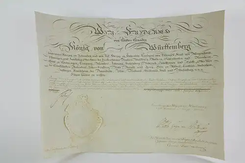 Bestallungsurkunde, Oktober 1814, für Ernst Wilhelm Baumbach zum \"Staabs Hauptmann\", vorgedruckte- und handgeschriebene Urkunde mit den Unterschriften des Königs von Württemberg, des Herzogs von Württemberg und des Generalmajors von Beulwitz,...