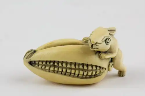 Netsuke, Japan, Meiji Zeit, Bein, Hase auf Maiskolben. L: 5 cm.