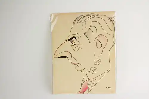 Handzeichnung, erste Hälfte 20. Jh., signiert BON für Romà Bonet i Sintes, spanischer Maler und Designer (1886-1966), Karikatur von Joachim Ringelnatz, guter Zustand, leichte Knickspuren, auf Rückseite Befestigungsreste. H: 32 cm x 25 cm.