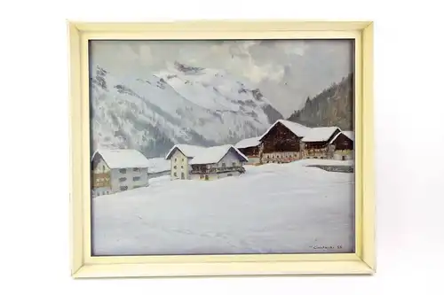 Gemälde, Italien, 1955, signiert P. Castaldi 55, Öl auf Hartfaserplatte, winterliche Hochgebirgslandschaft mit Häusern von St. Jean Gressoney, weißer Rahmen aus den 60er Jahren des 20. Jh., guter Zustand. B: 60 cm, H: 50 cm.