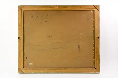 Gemälde, Italien, 1955, signiert P. Castaldi 55, Öl auf Hartfaserplatte, winterliche Hochgebirgslandschaft mit Häusern von St. Jean Gressoney, weißer Rahmen aus den 60er Jahren des 20. Jh., guter Zustand. B: 60 cm, H: 50 cm.