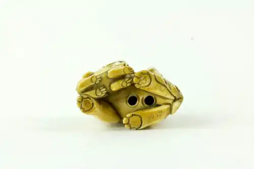 Netsuke, Japan, Meiji-Zeit, Elfenbein, signiert, Shishi mit zwei Jungen, fein geschnitzt, leichte Tragespuren, H: 3,5 cm.