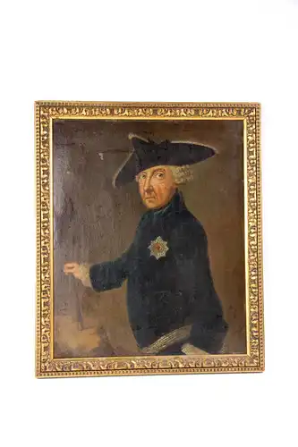 Gemälde, 18./19. Jh., Portrait von Friedrich dem Großen, restauriert, doubliert, 2 Farbabplatzer, Rahmen neu, B 36 cm, H: 44 cm.